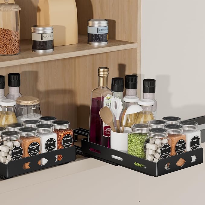 BOIVSHI Pull Out Spice Rack Organizer for Cabinet, Heavy Duty - Sliding Spice Rack, Vertical Spice Rack for Kitchen, Cabinet, Cupboard, Pantry (6.3''Wx10.5''Dx2.8''H, Metal Black)