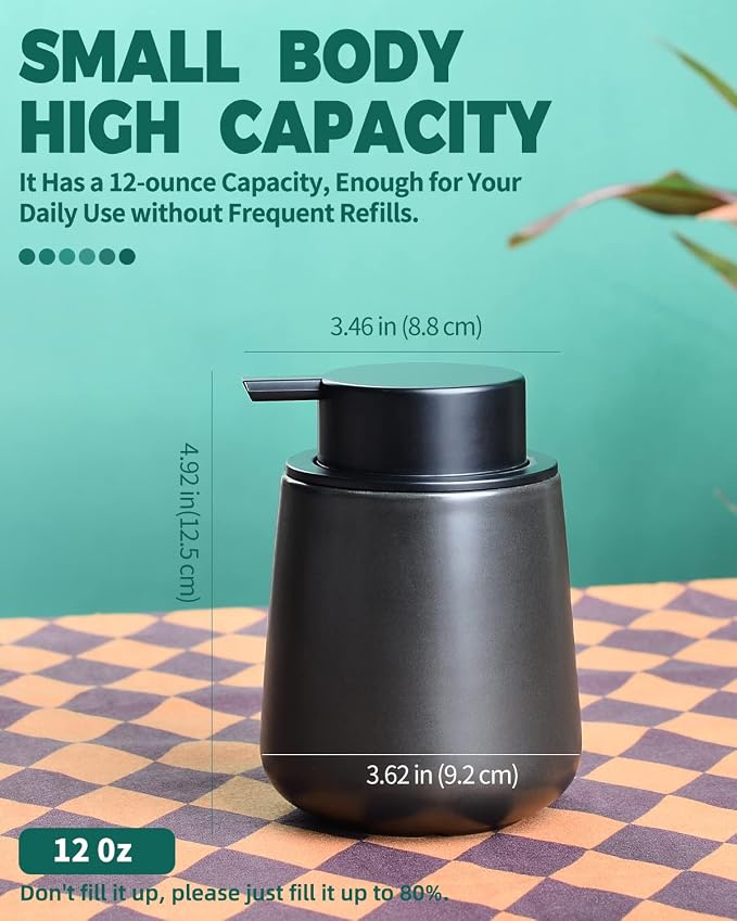 Bosilunlife 12Oz Ceramic Foam Soap Dispenser for Bathroom Kitchen Counter | Premium countertop foam pump creates delicate dense foam, stable desktop placement, Matte Black