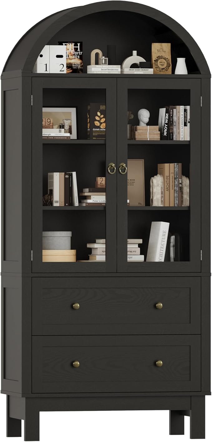 71" Tall Arched Bookshelf, 6-Tier Bookcase with Glass Doors & Adjustable Shelves, Wood Display Book Shelf with Drawers for Living Room, Dining Room, Black