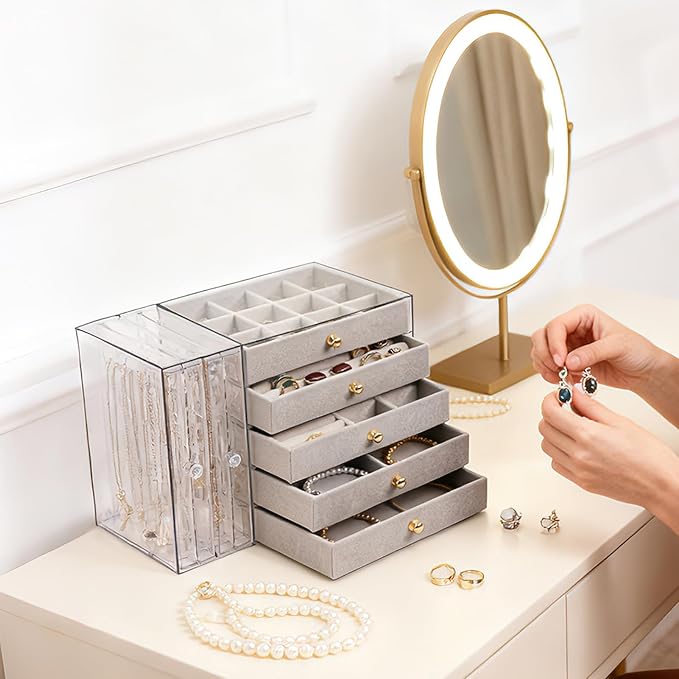 Greenfeather Jewelry Organizer and Storage with 7 Removable Drawers, Clear Acrylic Jewelry Box with 16 Necklace Hooks 48 Pairs of Earring Holes 5 Velvet-Lined Drawers for Rings Bracelets Necklaces