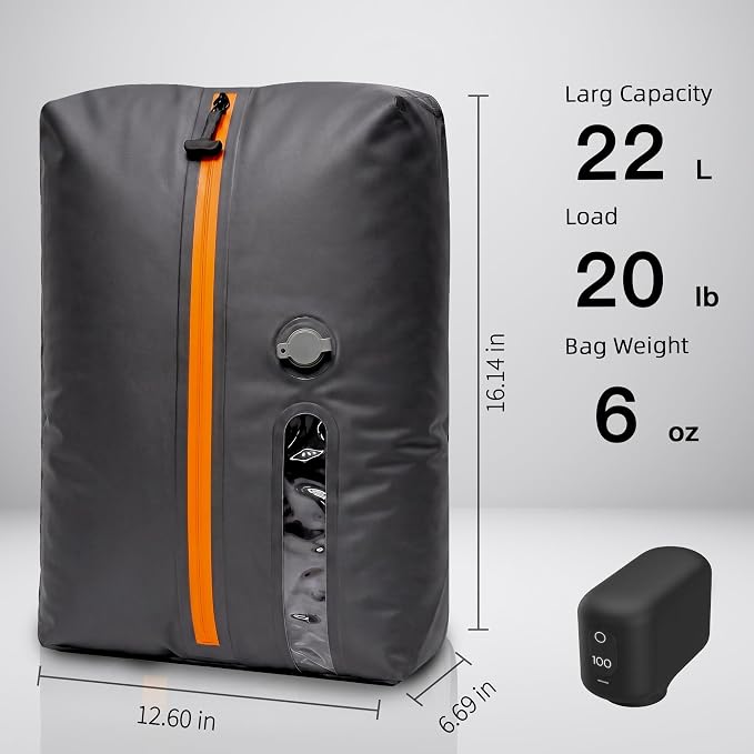 Travel Vacuum Bags With Pump, 2 Pack 22L Compression Kit For Clothes | IPX8 Waterproof; 3-5 Minute Compression; USB-C Cordless Pump; Up To 60-Minute Runtime; Saves Up To 60% Space; Airtight Seal