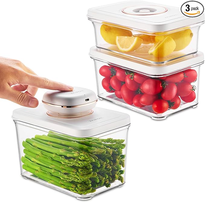 ZKIRON One-Touch Electric Vacuum Seal Food Storage Containers Set of 3 - Automatic Sealer Machine with Airtight Meal Prep Containers - BPA-Free & Stackable for Vegetables, Meat, Fruits (White)