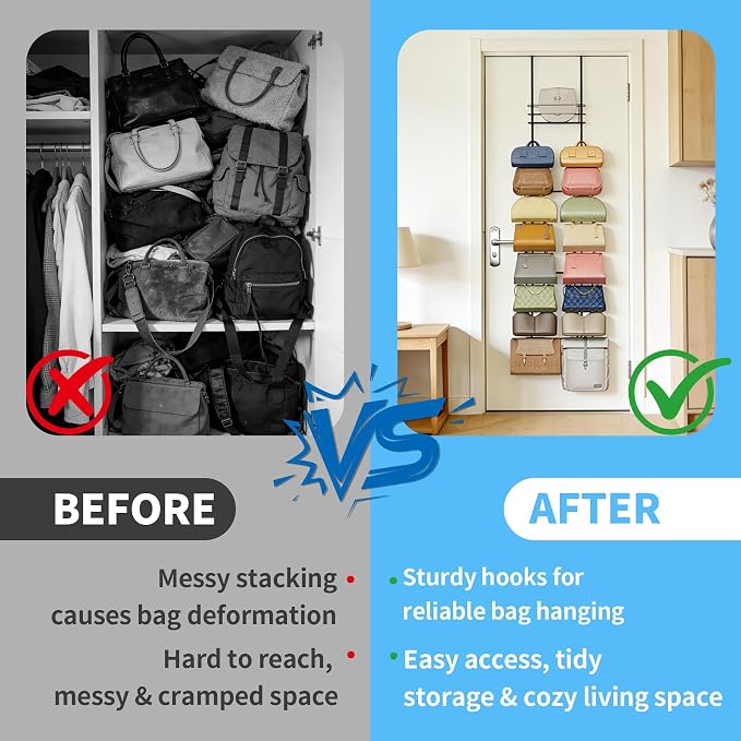 Over The Door Purse Organizer, Handbag Organizer Wall Mounted Purse Rack with 16 Hooks & Metal Basket, Hanging Handbag organizer Holds 16 Bags, 2 in 1 Dual Use for Door & Closet