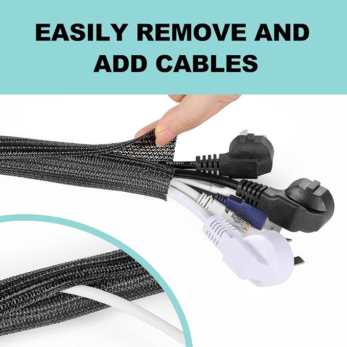 AGPTEK Cable Sleeve Desk Cable Management, 20ft - 1.2 inch, Black | Under Desk Cord Protector, Cable Wrap Wire Hider, Computer TV Wire Loom Tubing, Protect Cord from Cat Dog Chewing