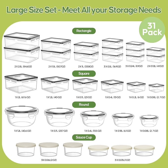 62 PCS Large Food Storage Containers with Lids Airtight (31 Lids &31 Containers) - Leakproof Meal-Prep Containers for Kitchen Storage Reusable Plastic Microwave/Dishwasher Safe with Labels & Pen