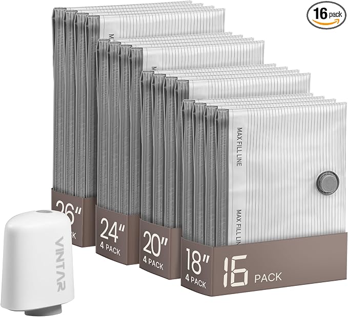 Vacuum Seal Bags for Clothing Travel with Rechargeable Cordless Pump, VINTAR 16 Pack Space Saver Vacuum Storage Bags, Travel Vacuum Compression Bags Set for Luggage Clothes Bedding Blanket