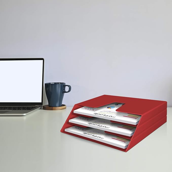 Acrimet Horizontal Triple File Folder Holder Organizer, Open Top Desktop Document Sorter for Letter Size Papers & Folders, Plastic (Solid Red) | 3 compartments to separate and organize documents, folders and papers