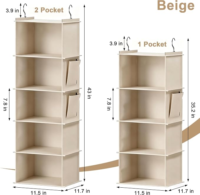 Foldable Hanging Closet Organizer, 5-Shelf Hanging Shelves with Side Pockets, Space Saving Storage for Clothes and Accessories