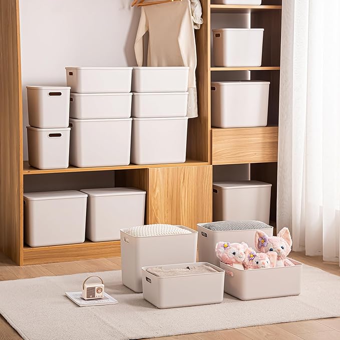 Plastic Storage Bins with Lid, White Stackable Storage Basket Organizer Box, Sturdy Containers Organizing Lidded Bins for Shelves, Cabinet, Desk, Pantry, Bedroom, Book, Toys (gray, 6L+2M)