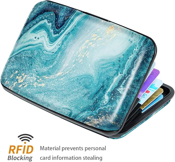 Coco Rossi Credit Card Holder RFID Aluminum Small Mini Wallet Women | Metal Wallet, Business Cards Holder, ID Case, Slim Sleeves, Womens Girls Gift, Carry Proof Wallets for Travel, Teal Marble