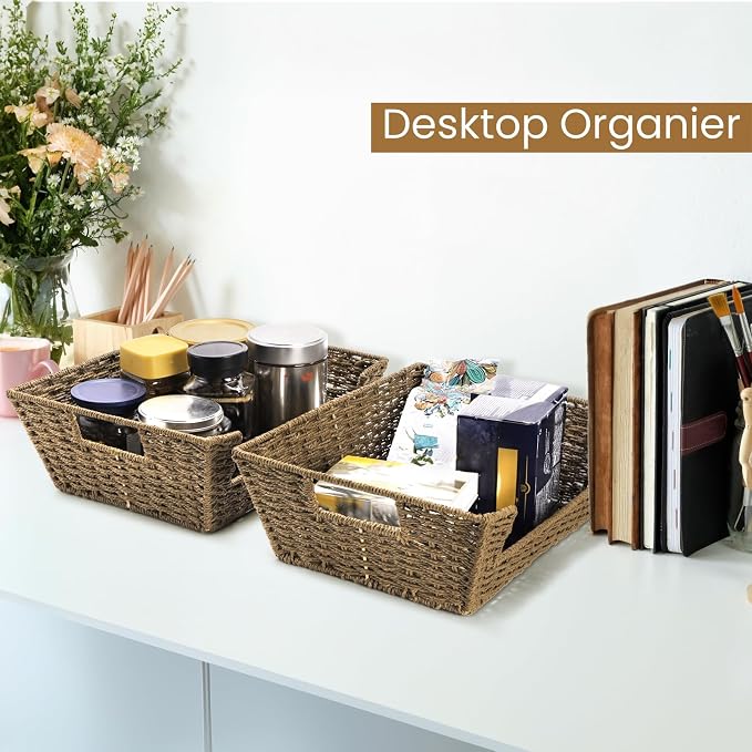 2 Pack Open Front Storage Baskets, Brown Paper Rope Woven Basket with Built-in Handles, 13''L x 10''W x 5''H Pantry Organzier Bins for Shelf, Bedroom, Living Room, Pantry