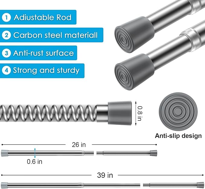 MEXAU 1Pcs Spring Tension Curtain Rod 26-39 inch Spring Tension Rods Silver Tension Rods Adjustable Spring Rod Extendable Tension Rod For Kitchen, Window, Bookshelf,Closet.