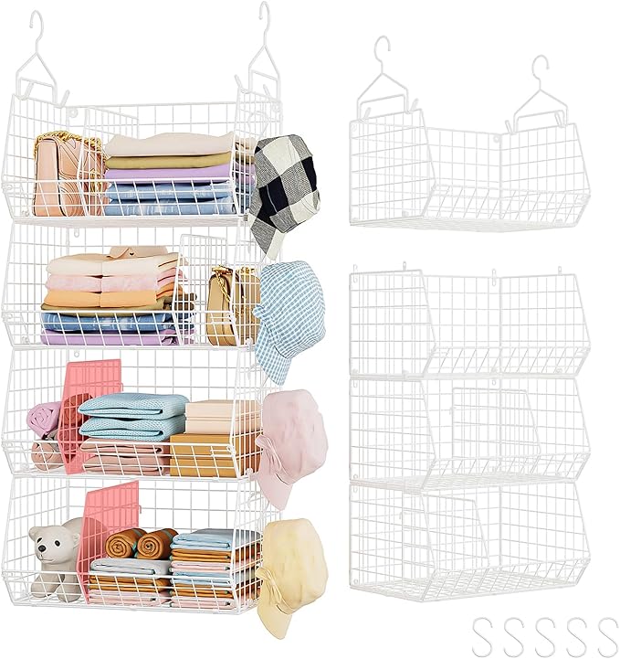Jautokerdar 4 Tier Extra Large Hanging Closet Organizer,Closet Organizer Hanging with 5 S Hooks 4 Dividers,Clothes Organizer Clothing Sweaters Clutches Handbags Hats Accessories-White