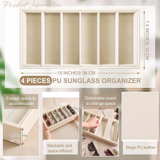 Juexica 4 Pcs Velvet Sunglasses Organizer Tray 6 Grid Sunglass Organizer Velvet Tray Stackable Glasses Display Case for Women Glasses Jewelry Display Watch (Beige PU)