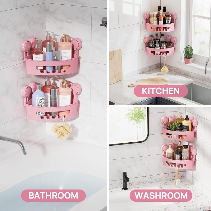 LEVERLOC Corner Shower Caddy Suction Cup, Shower Shelves Suction Cup | 2 Pack Heavy Duty Basket Bathroom, Removable Shower Organizer for Kitchen, No-Drilling Shower Caddies(Pink)