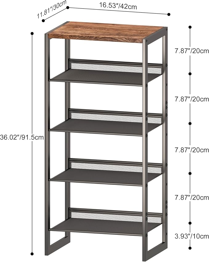 CHEMPFR Narrow 5-Tier Shoe Rack, Slim Space-Saving Shelf with Decorative Wood Top & Steel Mesh, Entryway/Closet/Dorm Organizer, 16.5x11.8x36 Inches