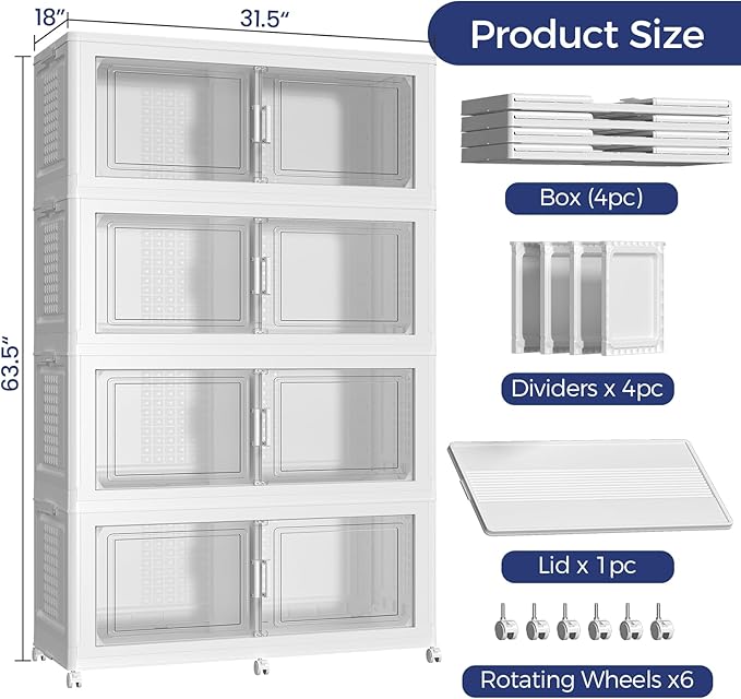 200GAL Storage Bins with Lid and Wheels, Stackable Closet Organizers and Storage Drawer, Collapsible Storage Box with Dividers, Foldable Plastic Cabinets for Room, Kitchen, 4 Pack White