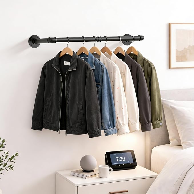 Svyrilk 2 Pack 38.4" Industrial Pipe Clothes Rack | Wall Mounted Heavy Duty Iron Hanging Rod for Closet Storage, Laundry Room, Bedroom, Black