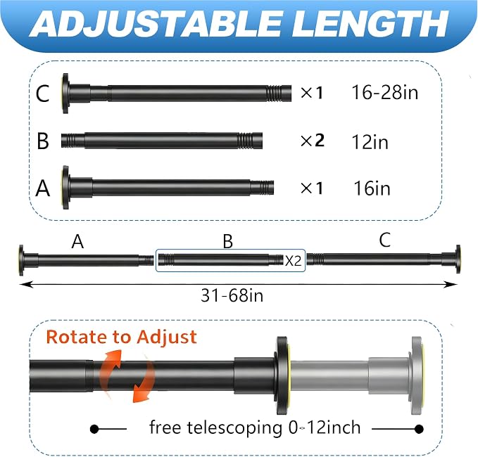 CorkLatta Black Shower Curtain Rod 31 to 68 Inch,1 Inch Diameter Adjustable Spring Tension Stainless Steel Telescoping Rod,Easy Install,No Rust