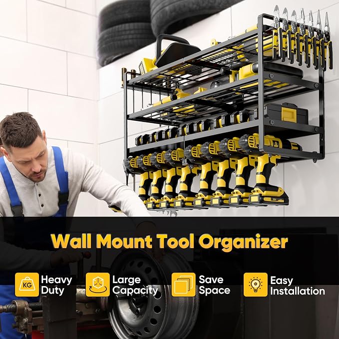 POKIPO Large Power Tool Organizer Wall Mount,4 Layers Heavy Duty Metal Loads 400lbs,Power Tool Shelf Battery Storage with 8 Cordless Drill Holder,Utility Racks for Garage Workshop
