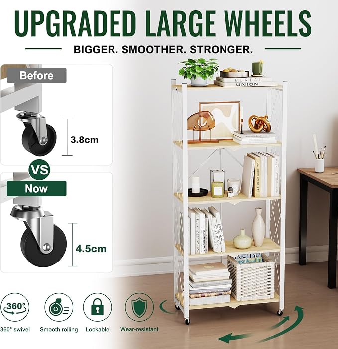 black leopard 5-Tier Foldable Shelf with Wheels, Wood-Grain Steel Shelves | Pre-assembled frame unfolds in seconds with tool-free wheel setup for fast, convenient use