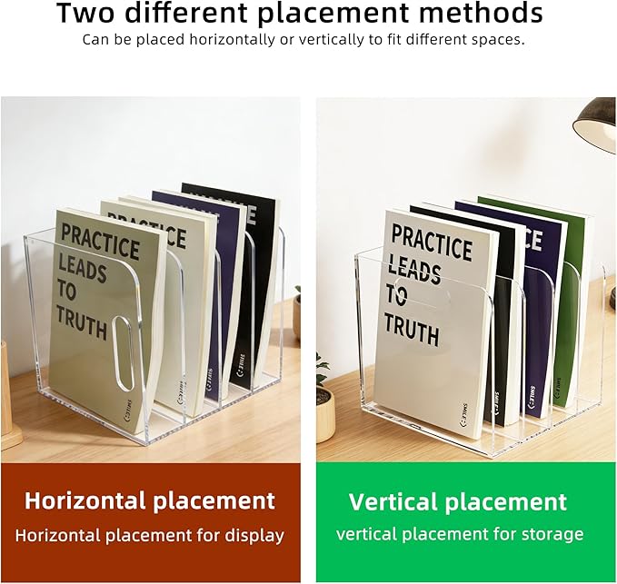 Acrylic Magazine File Holder, 4 Vertical Compartments Desk Document Sorter Organizer, Clear Folder Rack Binder for Office/Documents/Classroom, for Home, Tablet, Magazines, Books & Accessories