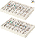 Stackable Jewelry Organizer Tray For Drawers,White Leather Small Earring Storage Tray,Bracelet And Necklace Display Box,Jewelry Ring Display Case (Creamy White 80 Grids Ring)