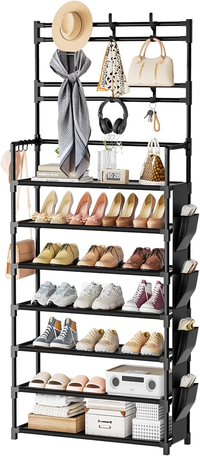 OYREL Shoe Rack 7 Tier Shoe Organizer Storage 21-28 Pairs | Closet Shoes Rack for Front Door Entrance Shoe Rack Organizer with Hooks Side Pocket Entryway Large Capacity Shoe Shelf Tower
