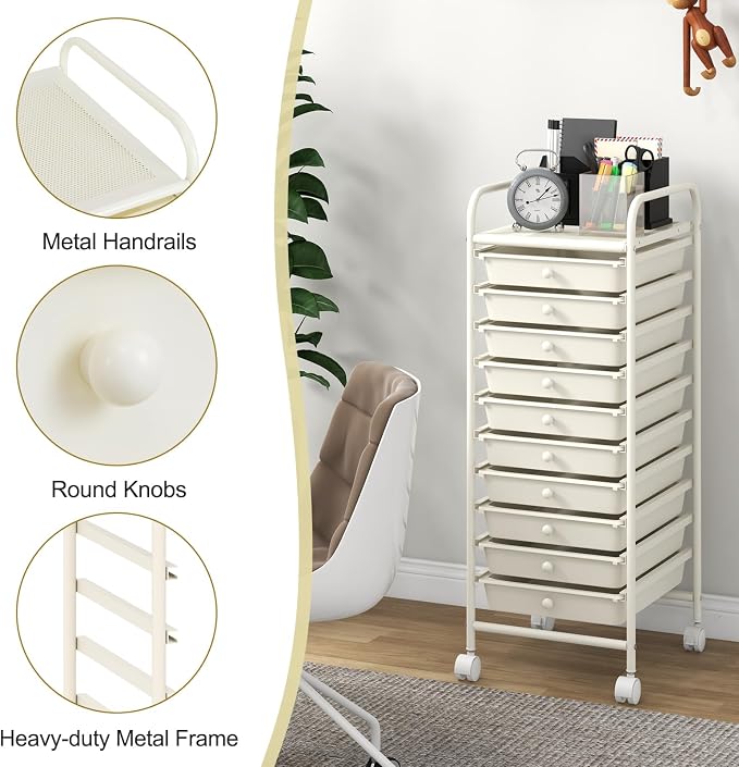 DREAMADE Rolling Cart with Storage Drawers, Utility Cart w/Removable Plastic Drawers, Lockable Wheels, Art Cart for Classroom Organization Art Supplies Office Scrapbook (10 Drawers, White)