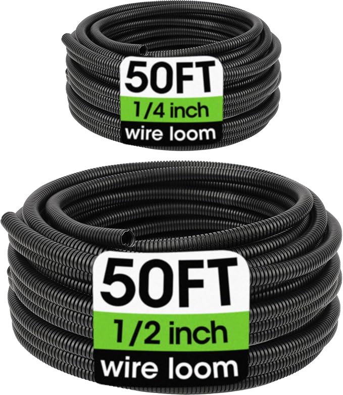 Wire Loom 1/4", 1/2 Inch x 50 FT, Split Wire Loom Tubing Wire Conduit, Cable Sleeves Bulk Flexible Electrical Conduit Protective kit – Black