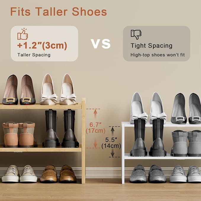 2 Tier Bamboo Shoe Rack, Extended Wood Shelf for Closet | Extended length fits more pairs. 6.7in height holds boots. Versatile for plants, books, sundries.