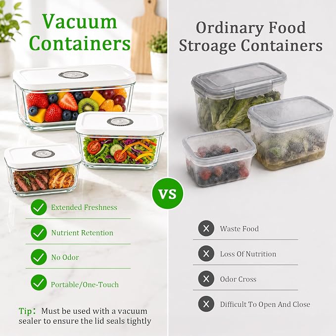 Compact Vacuum Sealer for Food, 80kPa Food Sealer with LED Display | 2000mAh Vacuum Sealer Machine+3Glass Containers+30 Bags, Handheld Vacuum Sealer,Cordless&Portable for Meal Prep, Food Storage