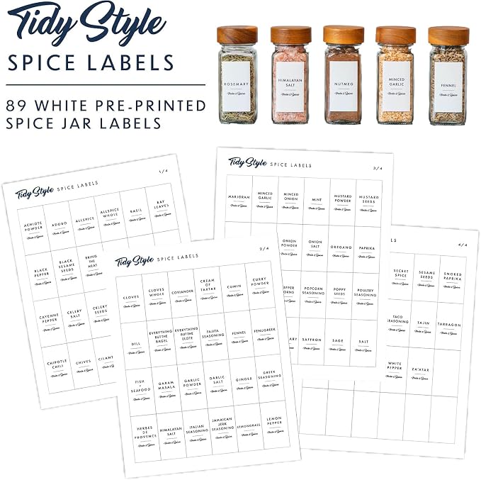 Spice Jar Labels – 89 Preprinted Waterproof Stickers, Minimalist Kitchen Seasoning Labels for Pantry Organization (White, Black, Navy)