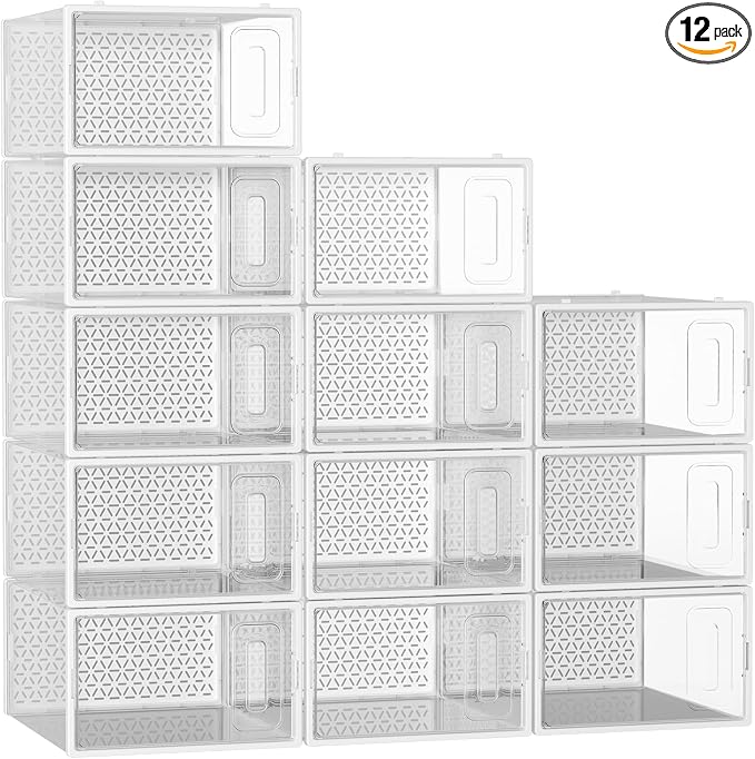 Shoe Boxes, 12 Pack Clear Plastic Stackable Shoe Storage Boxes Fit US Size 10, Ventilated Dust-Proof Sneaker Containers, Shoe Organizer for Closet, Entryway, 13.1 x 9 x 5.5 Inches, White