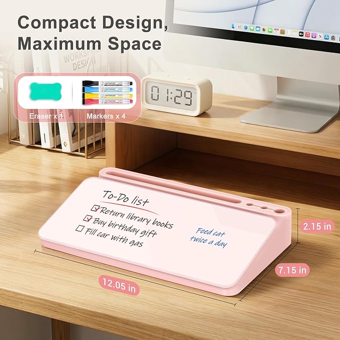 Small Desktop Glass Whiteboard with Storage, Desk White Board Stand Pink | Computer Keyboard Stand, Office Desk Organizers and Accessories with Drawer, To Do Memo Notepad, Home School Supplies