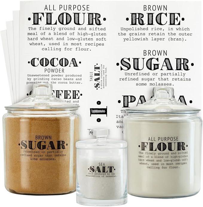Talented Kitchen Preprinted Pantry Labels - Waterproof Kitchen Organization & Food Storage Labels - Flour, Sugar & Cornmeal Vinyl Sticker Set - 36 Pack, Medium, Clear Vinyl, Black Print