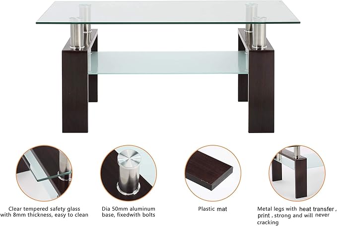 Meihua Rectangle Glass Coffee Table for Living Room, Modern Center Table Metal Tube Legs for Home Office (Brown)