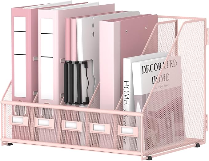 5 Vertical Compartments Magazine File Holder, Metal Binder Organizer, Pink | Space-Saving Desktop Storage, Built-In Label Holders, Anti-Slip Feet, Sized for Binders, Folders, Magazines and Files