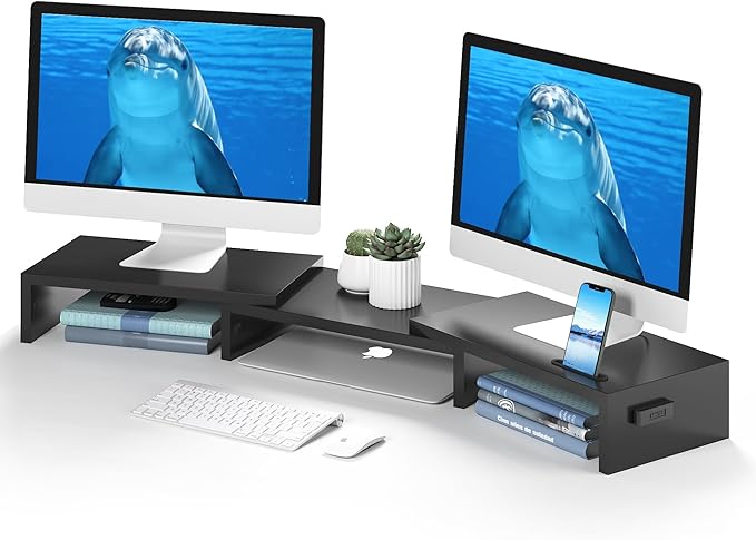 BONTEC Dual Monitor Stand Riser with Smartphone Holder, Adjustable Length & Swivel Angle, Ergonomic Wooden Desktop Organizer for PC Monitor, Laptop, Printer, Large Storage, 42.5 in, Black