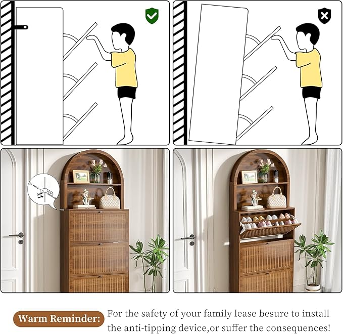 Shoe Storage Cabinet for Entryway with 3 Flip Drawers, 78.7 Inch Tall Arched Hidden Shoe Cabinet with Shelves, Narrow Freestanding Shoe Rack Organizer with Fluted Panel for Foyer (Walnut)