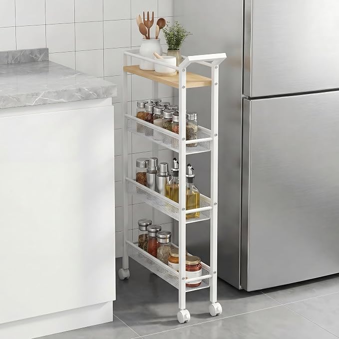 4 Tier Slim Rolling Storage Cart, 5.1 Inch Wide Narrow Storage Cart with Handle, Iron Wood Utility Slide Out Pantry Shelf Organizer for Laundry Room, Bathroom, Kitchen, Small Spaces,White