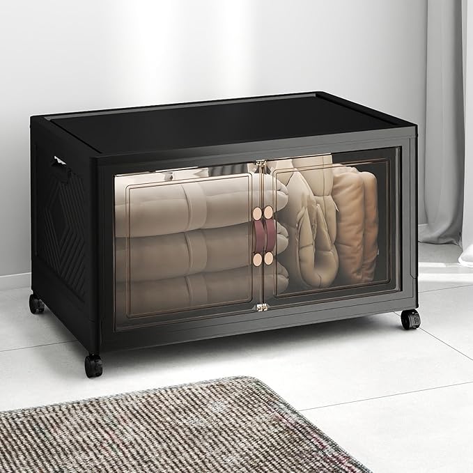 Stackable Storage Bins with Lids, Collapsible Storage Boxes, Foldable Plastic Storage Drawers for Bedroom,Office, Dorm (1, Black, XL)
