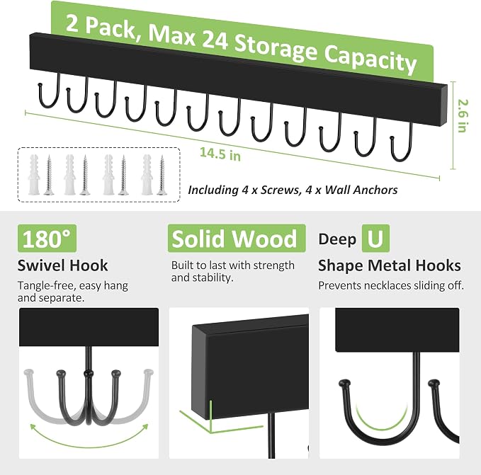 Jewelry Organizer Wall Mounted 2 Pack, Wooden Necklace Holder Wall Hanger with 24 Hooks for Hanging Necklaces and Jewelry Storage, Black