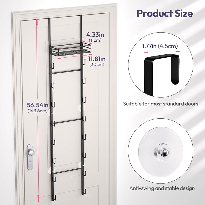 SWTYMIKI Over the Door Purse Organizer - Wall Mounted Handbag Organizer with 16 Hooks and Metal Basket, Hanging Purse Storage Rack Holds up to 16 Bags, Bag Rack Can Use As 1/2 Part, for Door, Closet