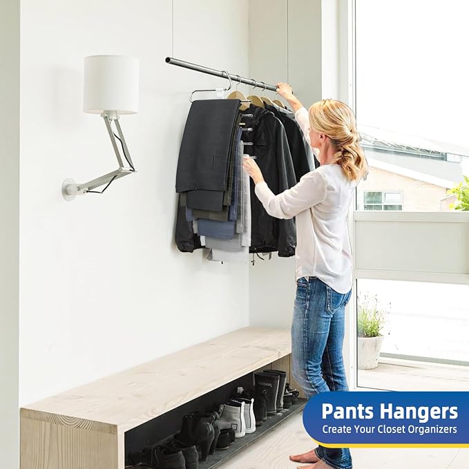 DAMITA Pants Hangers Space Saving - 2 Pack 5 in 1 Layers Stainless Steel Metal Jeans Hangers - Black Closet Organizers and Storage Anti-Slip Design for Pants Skirts Scarf Legging