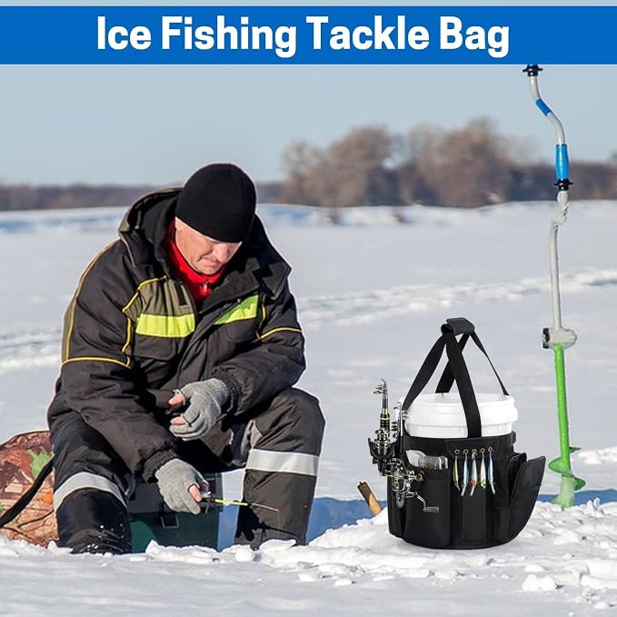 VISEMAN Fishing Bucket Organizer for 5 Gallon Bucket, Waterproof with 3 Rod Holders, Padded Handle, Multi-Pocket Tool Caddy for Ice, Bank, and Sea Fishing