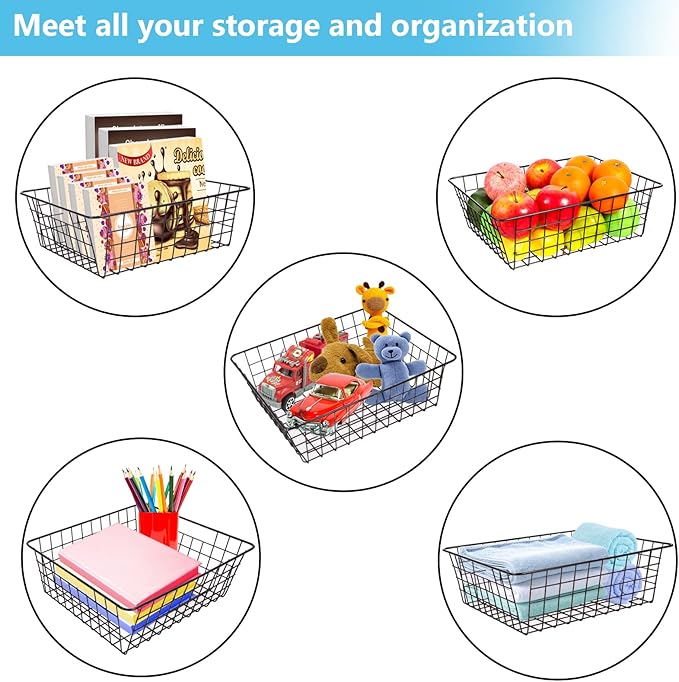 Wire Baskets for Organizing 4 Pack Pantry Storage Baskets 13.2x10.4x4.3 in | Large Wire Baskets for Organizing Pantry Storage Bins Metal Wall Hanging Basket for Kitchen Cabinet Shelf Garage (Black)