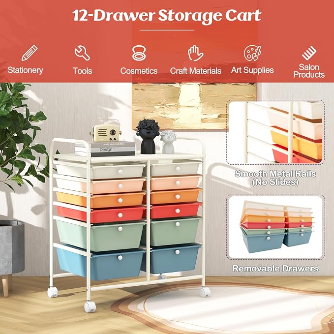 DREAMADE Rolling Cart with Storage Drawers, Utility Cart with Removable Plastic Drawers, Lockable Wheels, Art Cart for Classroom Organization Art Supplies Office Scrapbook (12 Drawers, Macaron)