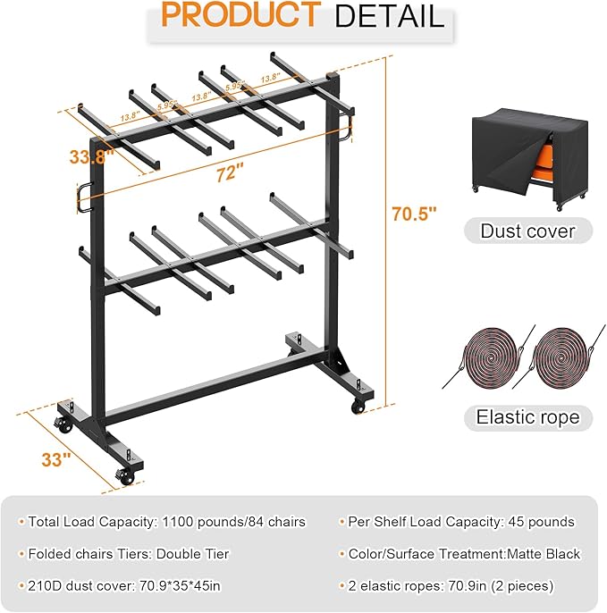 Specraft Folding Chair Rack and Table Cart for 84 Chairs or 12 Tables, 1100 lbs Capacity, PU Wheels, Dust Cover, Elastic Cords, Black