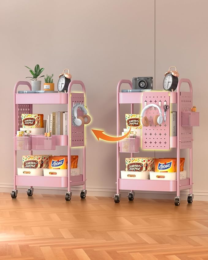 ALVOROG 3 Tier Metal Rolling Utility Cart with Pegboards,Baskets,Hooks,Pink | More Storage Craft Cart with Pegboards,Lockable Wheels,Hooks & Baskets to Organize Kitchen,Office,Bedroom and DIY Supplies